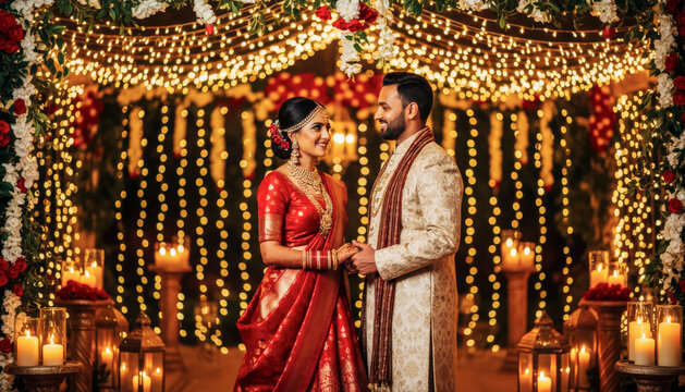 "Indian wedding couple in traditional attire standing beneath a beautifully decorated wedding mandap with floral arrangements and warm string lights."