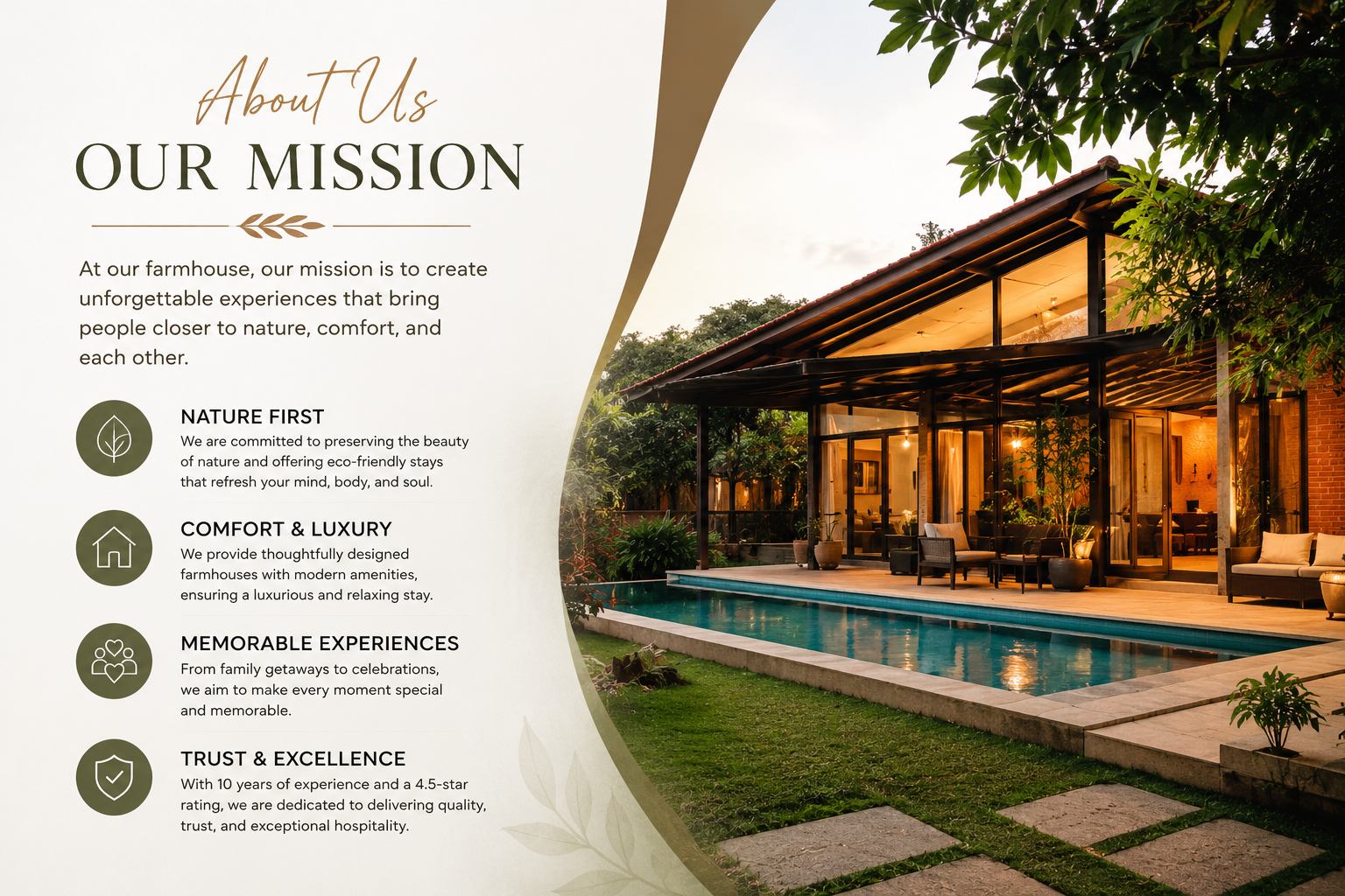About Us and Our Mission section featuring a luxury farmhouse with a private swimming pool, lush greenery, and modern amenities.